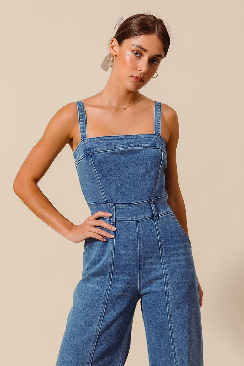 Raw Edge Washed Denim Jumpsuit