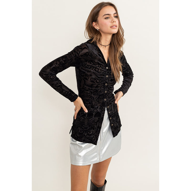 Certain To Charm Burnout Velvet Ruched Shirt