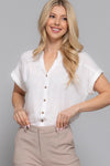 Dolman Short Sleeve Button Down Linen Effect Top
