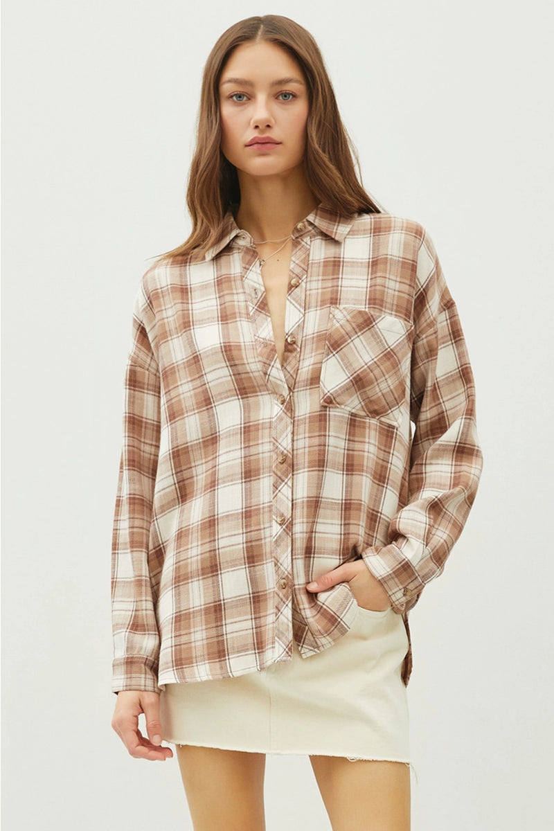 Mocha Plaid Flannel Long Sleeve Button Up Shirt