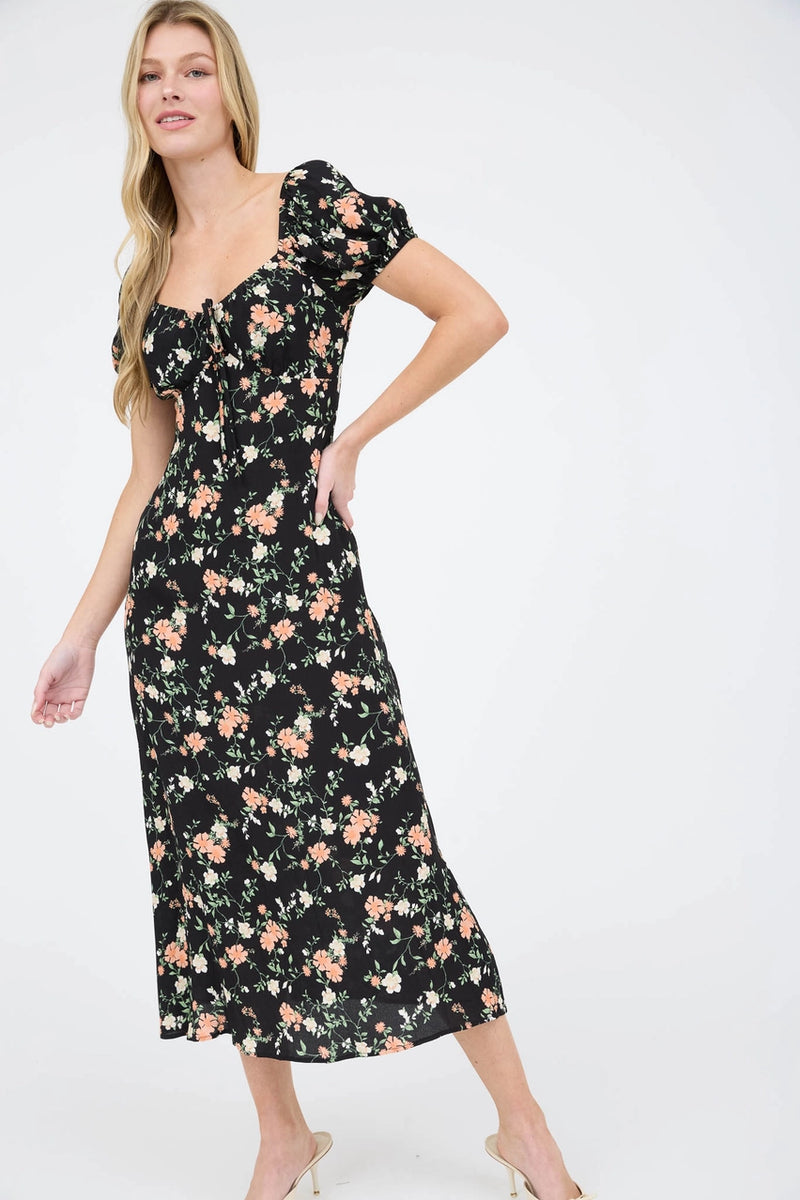 Floral Front Tie Short Puff Sleeve Midi Dress