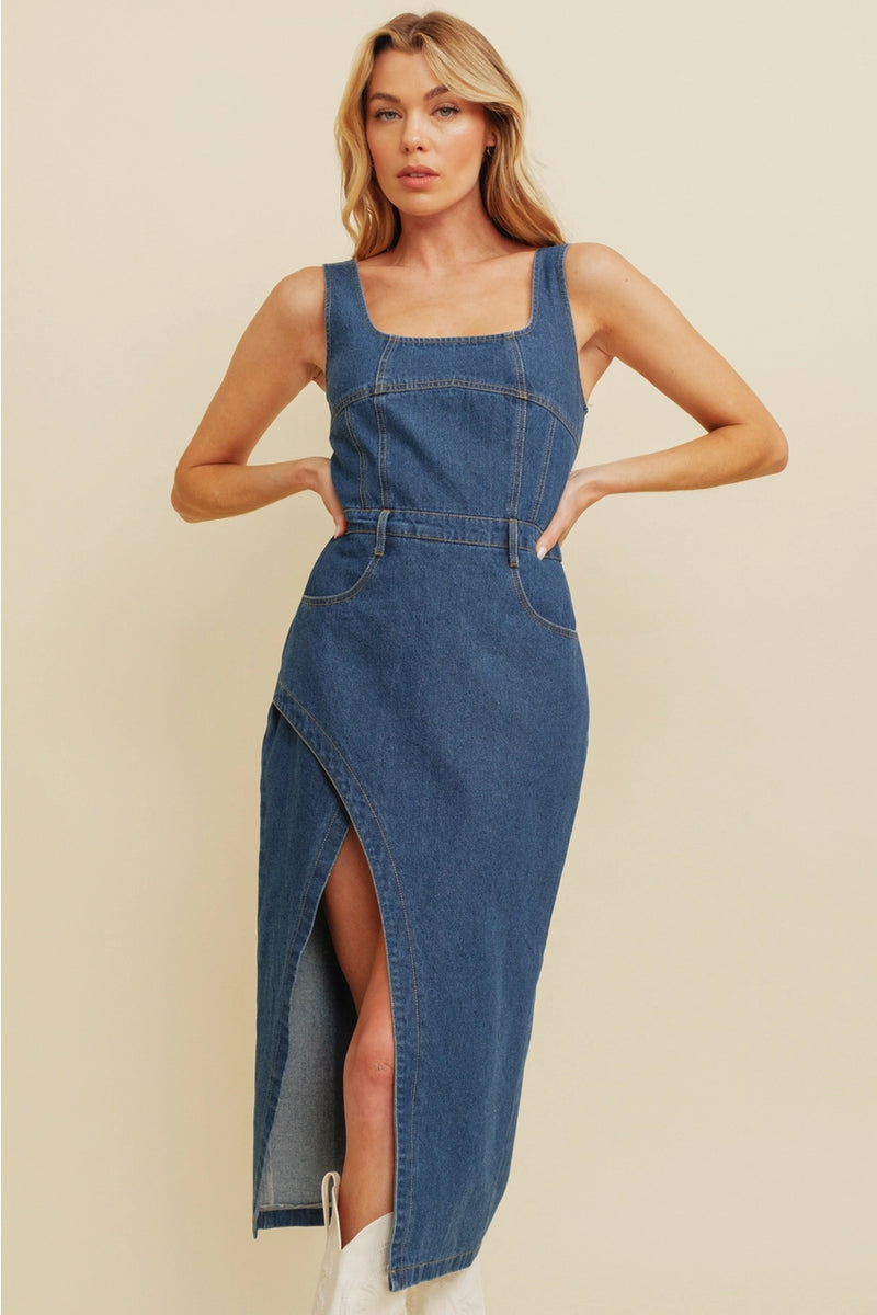 Denim Side Slit Midi Dress