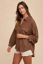 Openwork Button Down Drop Shoulder Shirt