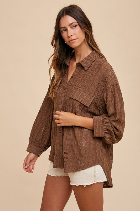 Openwork Button Down Drop Shoulder Shirt