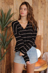 Stripe V-Neck Drop Shoulder Long Sleeve Knit Top