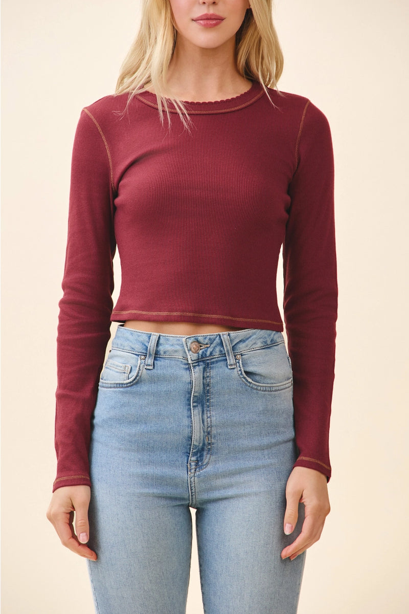 Long Sleeve Crew Neck with Scalloped Edge