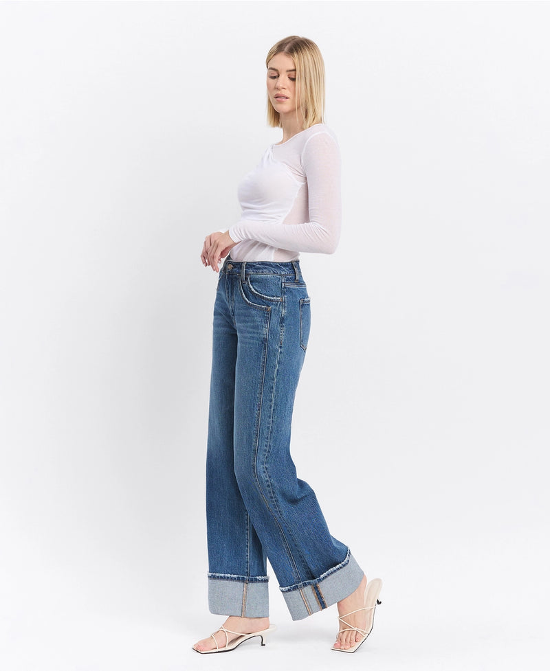 Vervet by Flying Monkey High Rise Cuffed Panel Baggy Wide Jeans