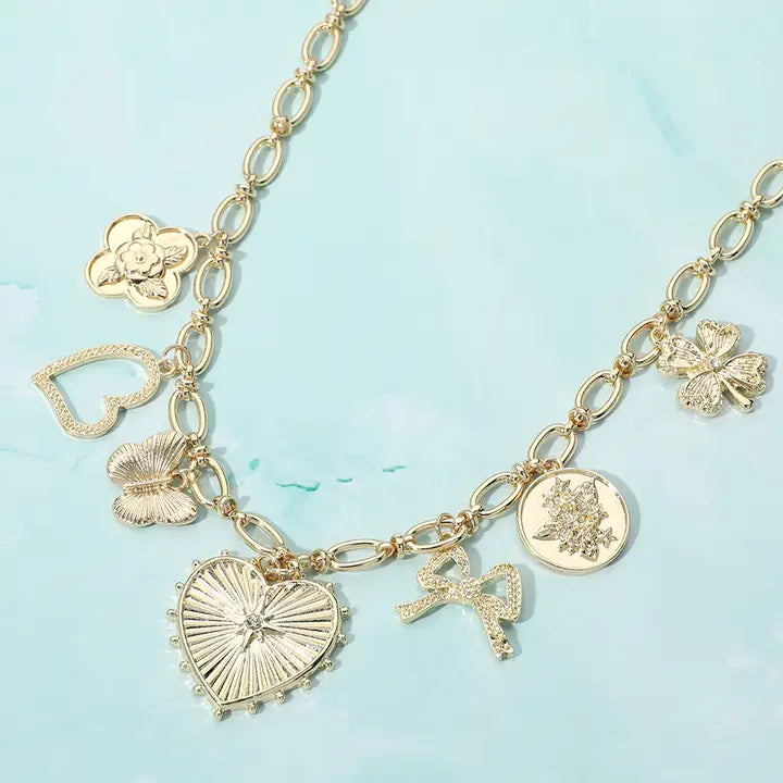 Metal Heart Butterfly Bow Clover Cluster Charm Necklace