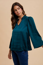 Satin Notched Three-Quarter Sleeve Blouse