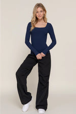 Long Sleeve Square Neck Double Layer Ribbed Knit Top
