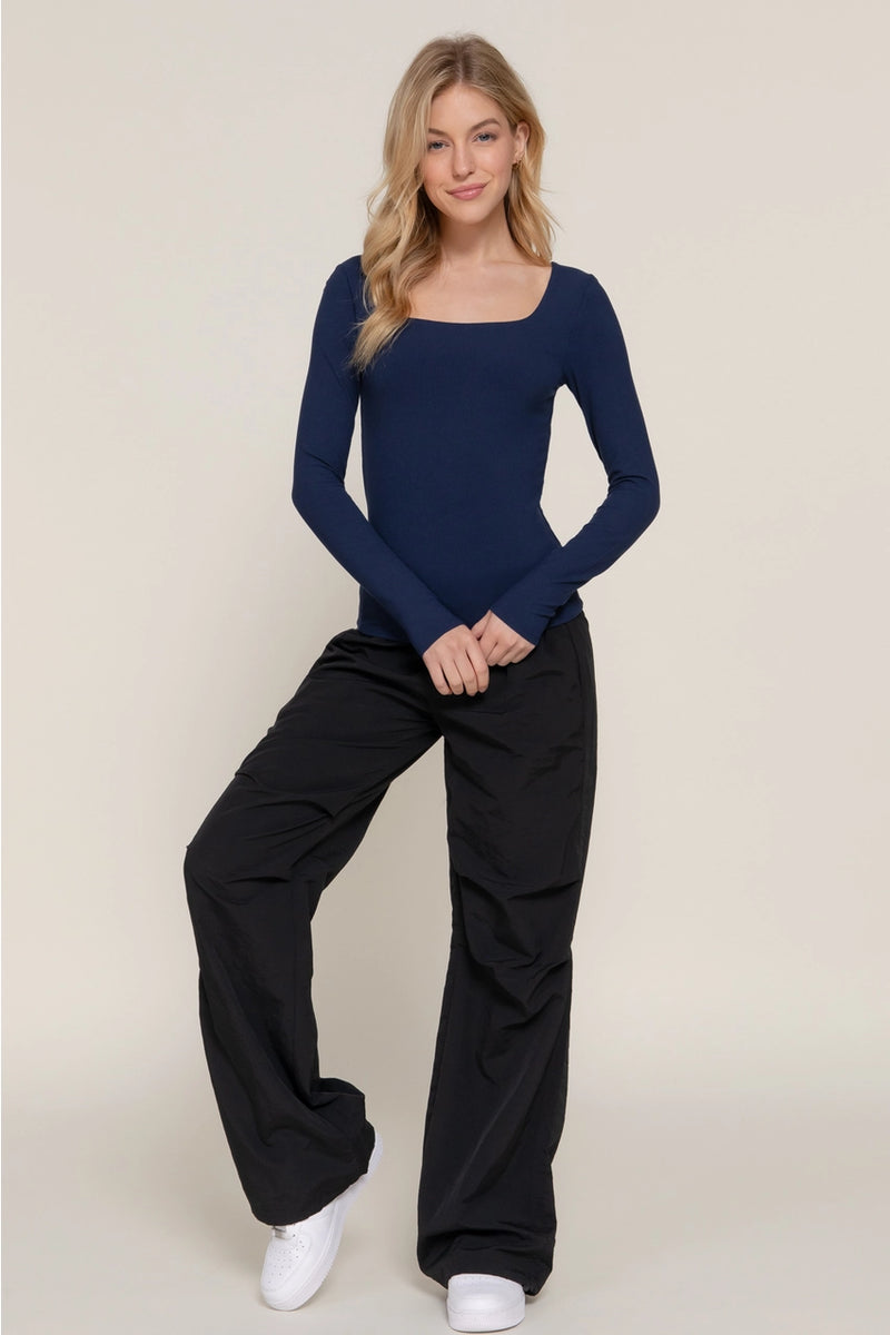 Long Sleeve Square Neck Double Layer Ribbed Knit Top