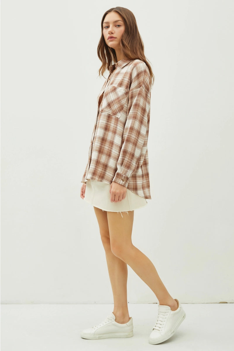 Mocha Plaid Flannel Long Sleeve Button Up Shirt