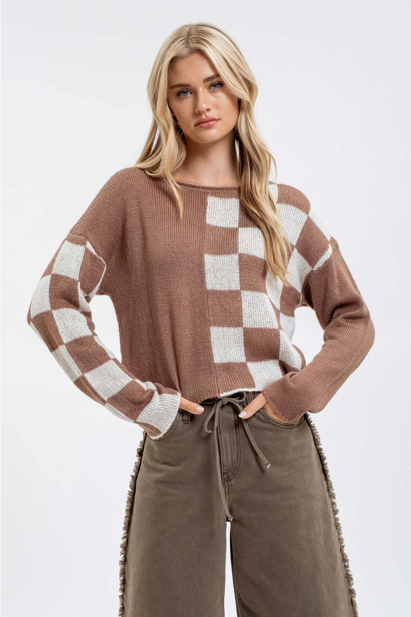 Colorblock Checkered Long Sleeve Knit Sweater