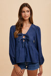 Tie Front Peplum Long Sleeve Denim Top