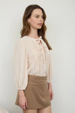 Front Tie Pleated Front 3/4 Sleeve Top