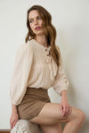 Front Tie Pleated Front 3/4 Sleeve Top