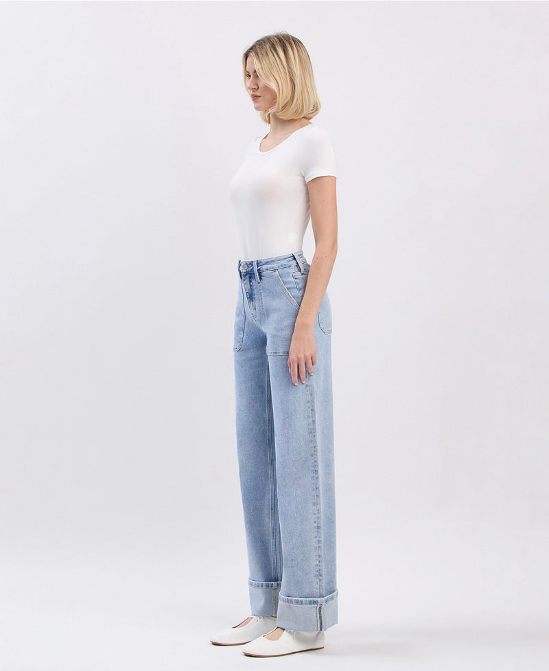 Lovervet by VERVET High Rise Carpenter Pocket Cuffed Wide Leg Jeans