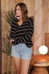 Stripe V-Neck Drop Shoulder Long Sleeve Knit Top