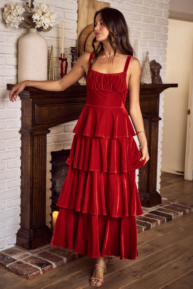 red maxi dress christmas Velvet Holiday Tiered – Thistle and Thread Boutique 5 Stylish Dinner Date family photos Maternity Size:XL __with:s24-bianca-trouser-black:Black
