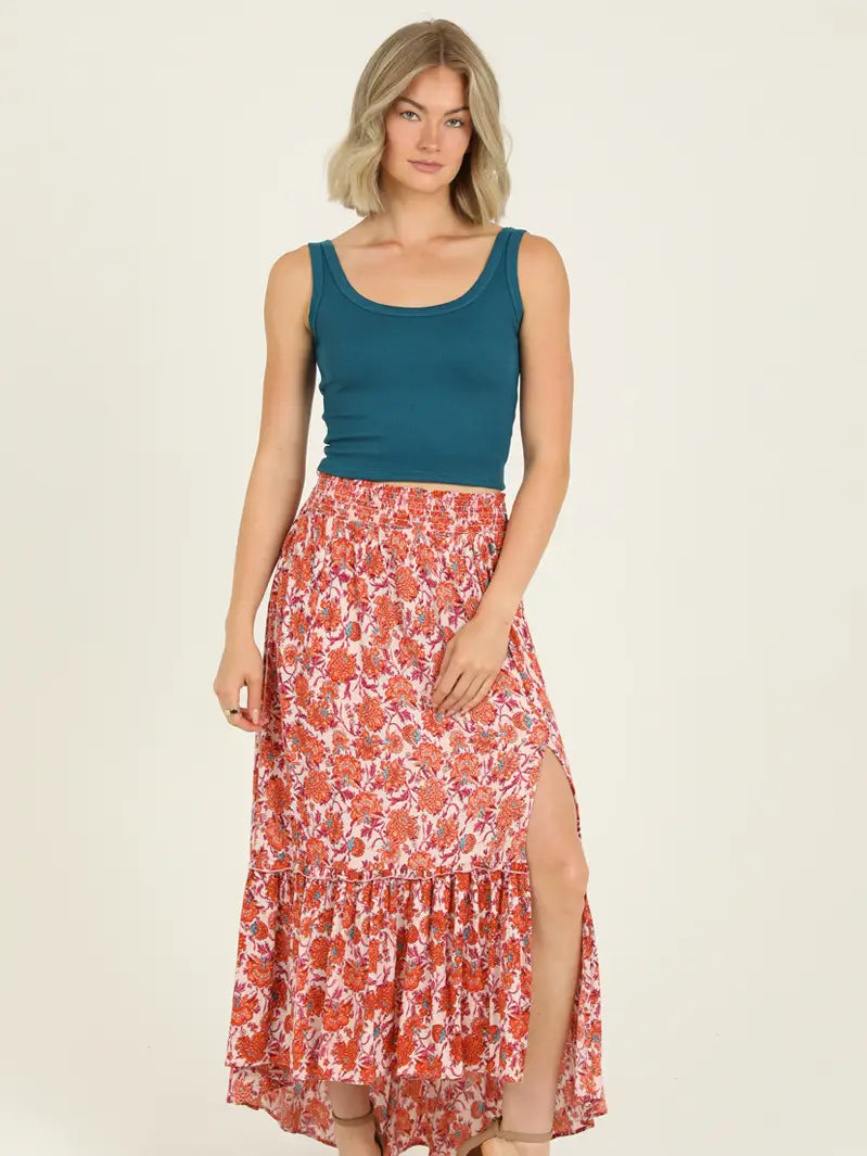 Smocked Waist Maxi Skirt with Slit