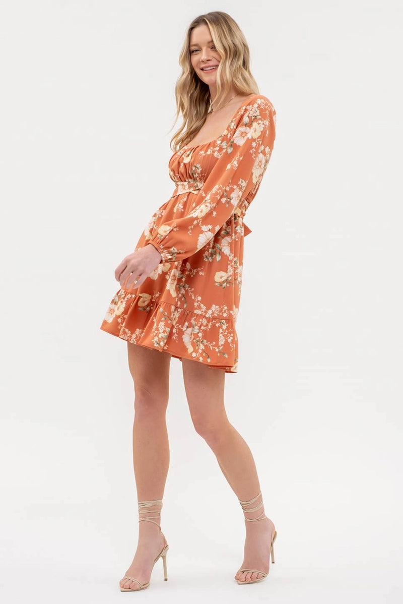 Floral Long Sleeve Back Tie Mini Dress