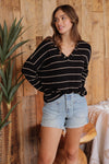 Stripe V-Neck Drop Shoulder Long Sleeve Knit Top