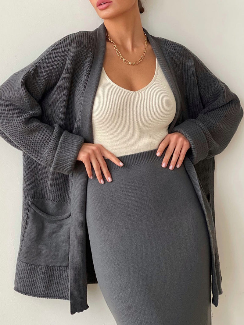 Pocketed Long Sleeve Cardigan and Skirt Sweater Set