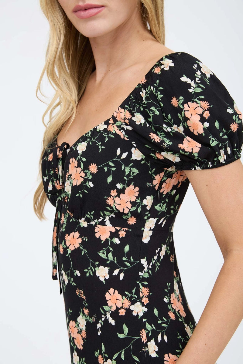 Floral Front Tie Short Puff Sleeve Midi Dress