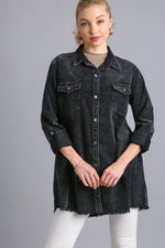 Raw Hem Button Down Denim Jacket with Chest Pockets