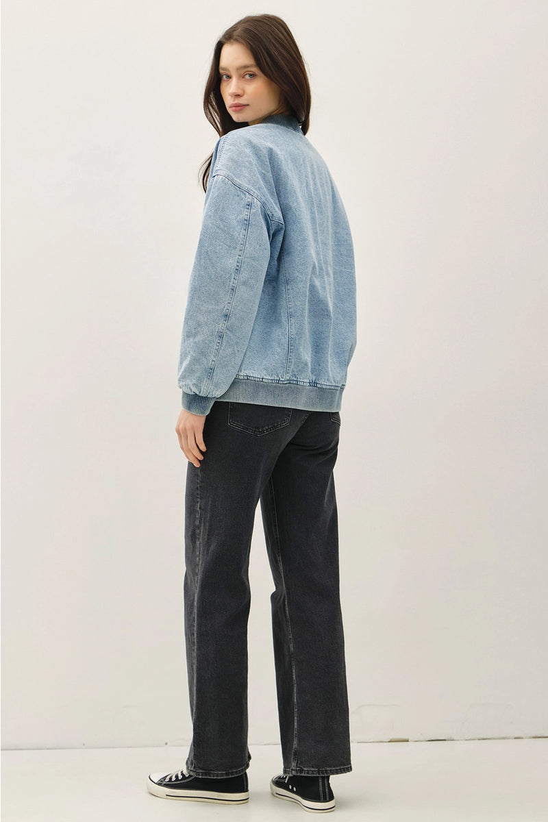 Denim Feel Bomber Jacket w/ Pockets