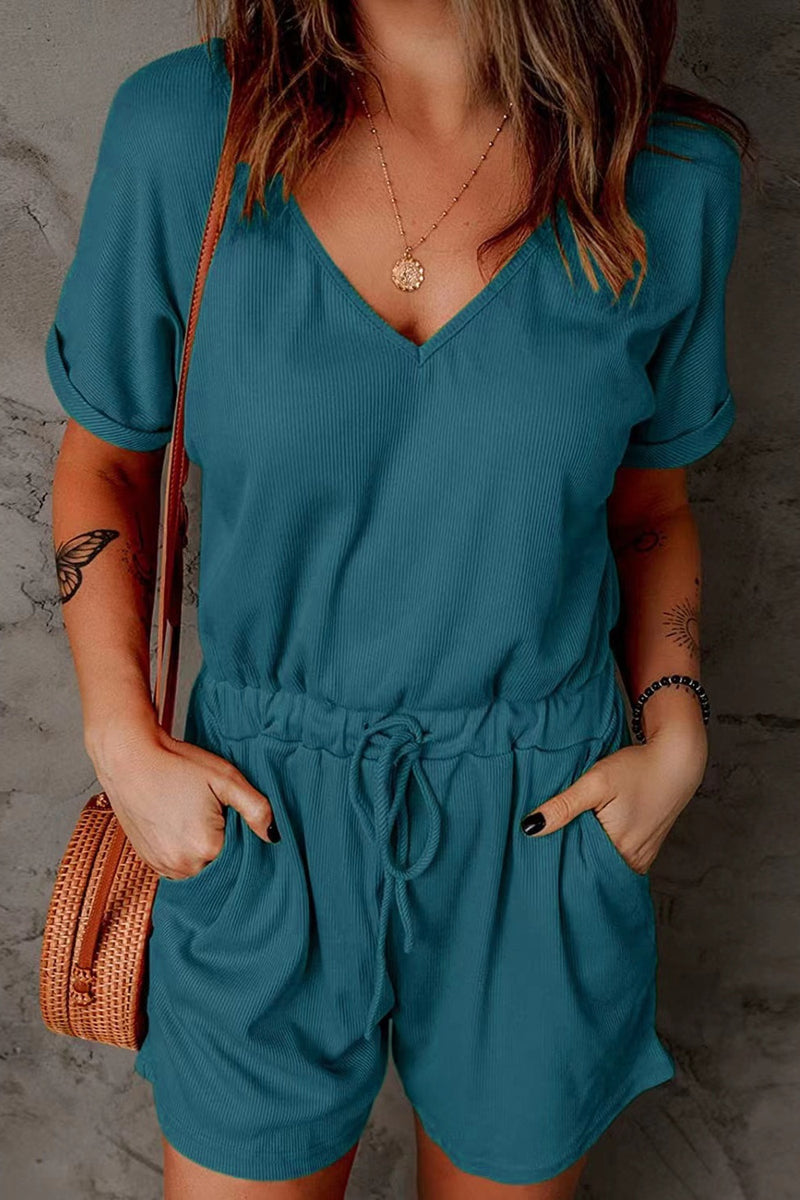 Drawstring V-Neck Short Sleeve Romper