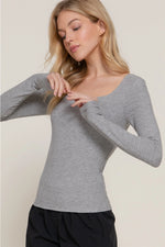 Long Sleeve Square Neck Double Layer Ribbed Knit Top