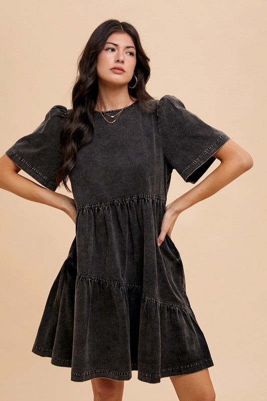 Mineral Washed Round Neck Short Sleeve Denim Dress