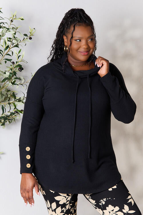 Full Size Drawstring Cowl Neck Long Sleeve Blouse