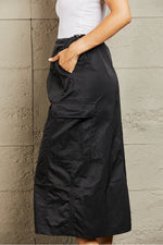 Just In Time High Waisted Cargo Midi Skirt in Black