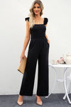 Smocked Square Neck Wide Leg Jumpsuit with Pockets(PLEASE ALLOW 5-14 DAYS FOR PROCESSING AND SHIPPING)