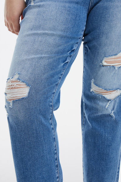 Full Size Mid Waist Distressed Ripped Straight Jeans