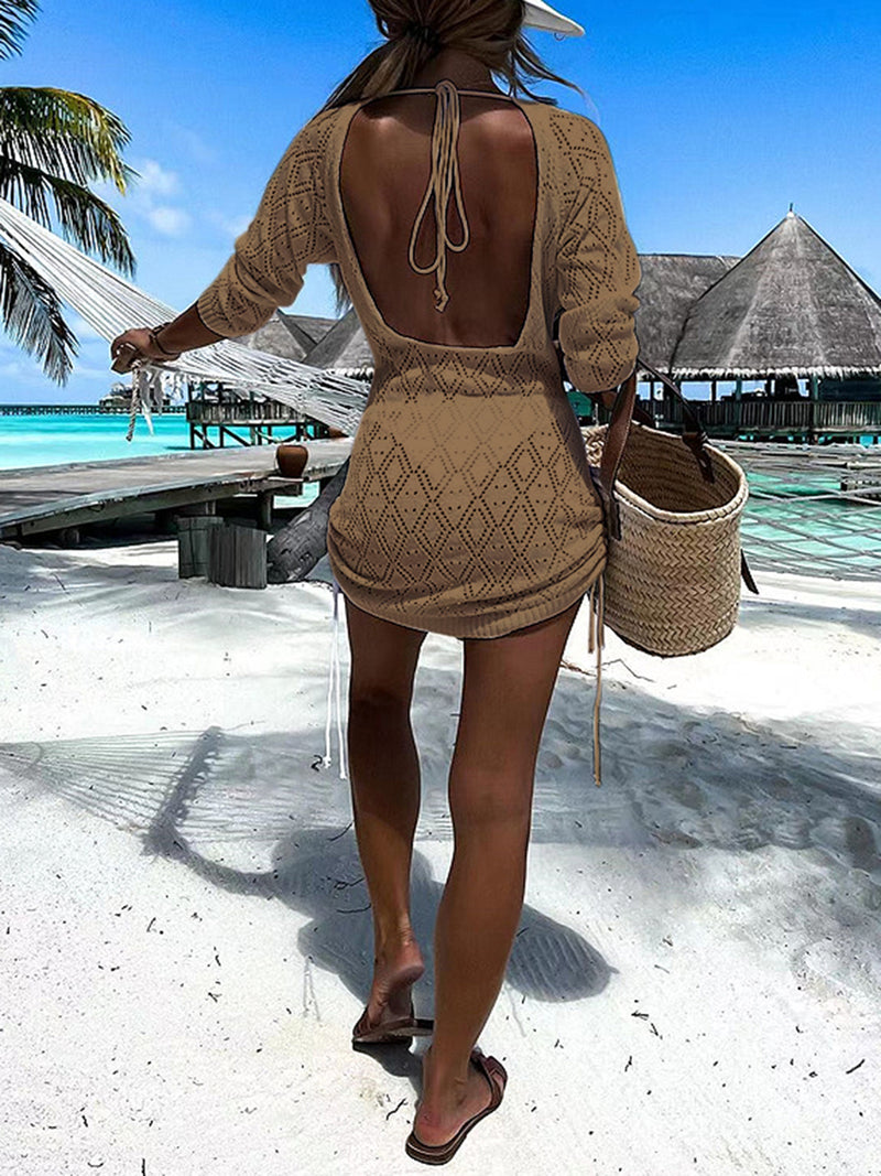 Backless Openwork Drawstring Round Neck Cover Up