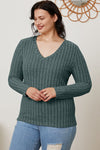 Full Size Ribbed V-Neck Long Sleeve Top