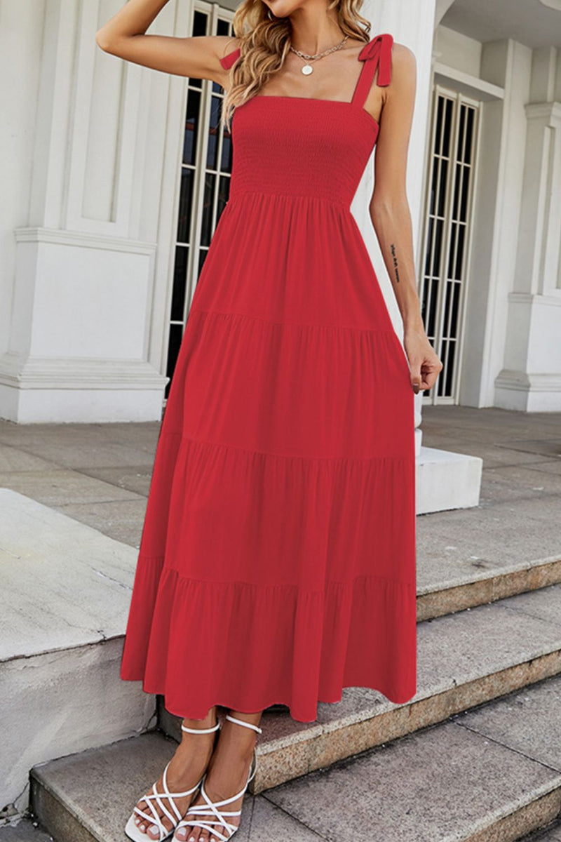 Tie-Shoulder Smocked Tiered Dress(PLEASE ALLOW 5-14 DAYS FOR PROCESSING AND SHIPPING)
