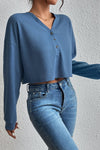 Cropped V-Neck Raglan Sleeve Buttoned Blouse (PLEASE ALLOW 7-15 DAYS FOR SHIPPING AND PROCESSING)
