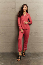 Buttoned Collared Neck Top and Pants Pajama Set