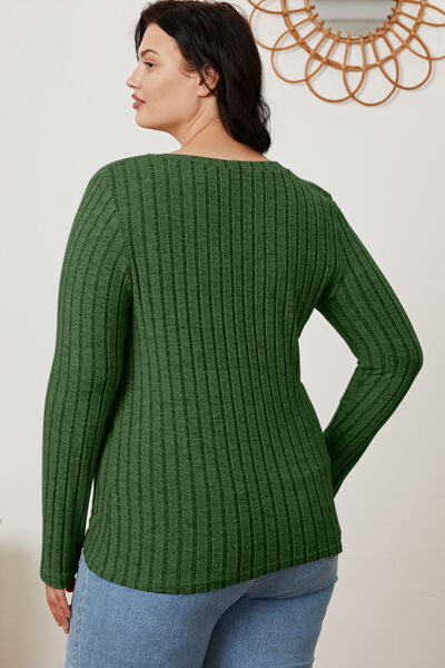 Full Size Ribbed V-Neck Long Sleeve Top