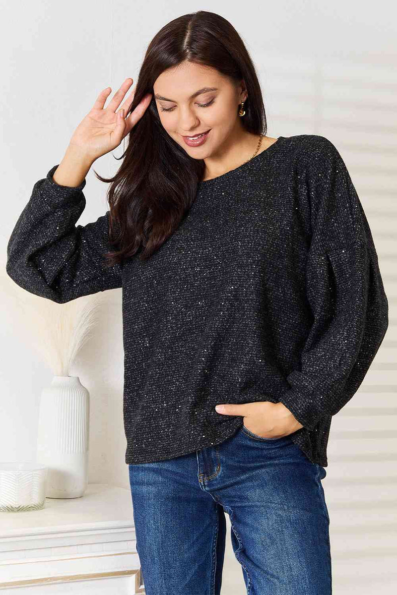 Full Size Boat Neck Glitter Long Sleeve Top