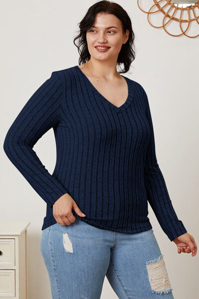 Full Size Ribbed V-Neck Long Sleeve Top