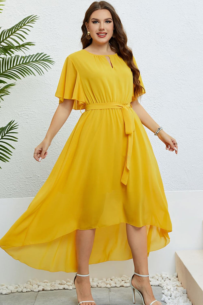 Belted Flutter Sleeve High-Low Dress(PLEASE ALLOW 5-14 DAYS FOR PROCESSING AND SHIPPING)