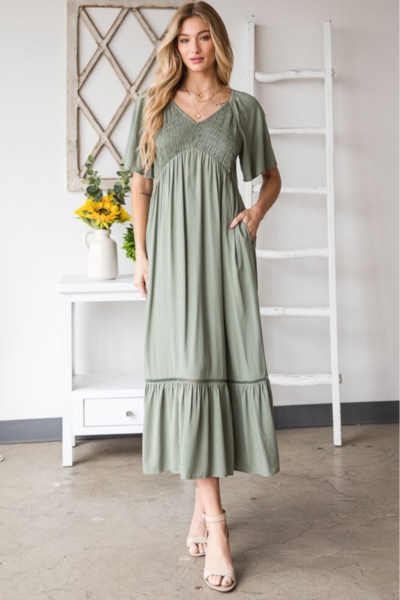 Smocked Pocket Midi Dress in Sage