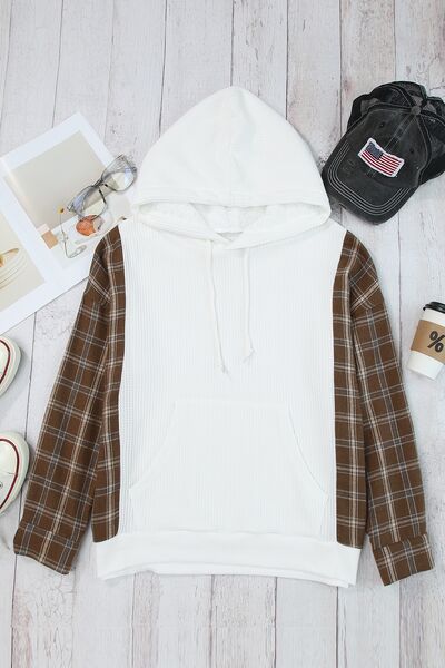 Plaid Waffle-Knit Drawstring Kangaroo Pocket Hoodie