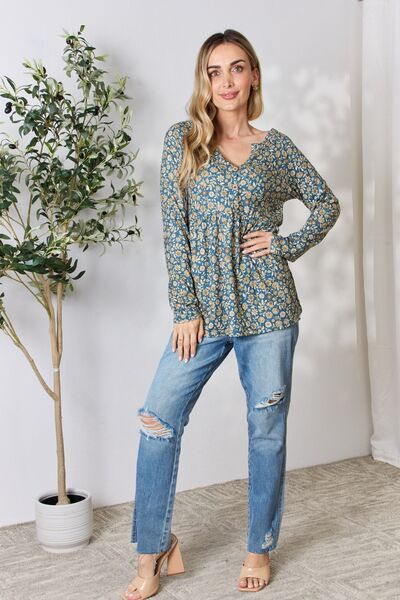 Full Size Floral Half Button Long Sleeve Blouse