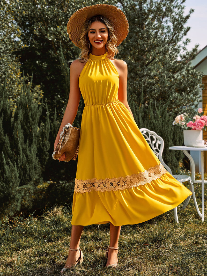 Grecian Neck Spliced Lace Midi Dress(PLEASE ALLOW 5-14 DAYS FOR PROCESSING AND SHIPPING)
